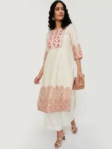 max Geometric Printed Notch Neck Thread Work Cotton Straight Kurta