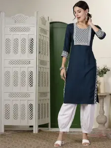 Stylum Real Blue Floral Embroidered Straight Kurta