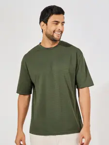 Styli Men Olive Textured Striped Oversized Heavy Jersey T-Shirt