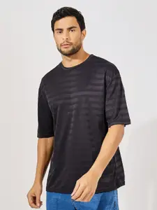 Styli Men Black Self Stripe Stretch Knit Oversized Crew Neck T-Shirt