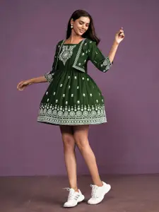 Sangria Women Embroidered Square Neck Fit & Flare Mini Dress