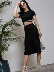 Sera Black Round Neck Crop Top With Skirt