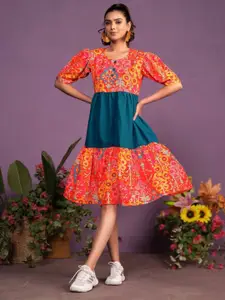 Sangria Floral Printed Puff Sleeves A-Line Dresses