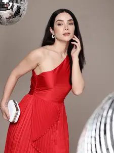 bebe One Shoulder Accordion Pleats A-Line Midi Dress