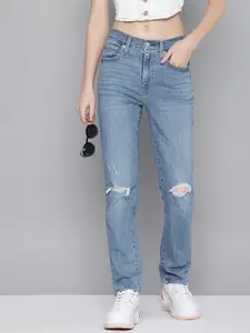 Levis Women 724 Straight Fit High-Rise Mildly Distressed Heavy Fade Stretchable Jeans