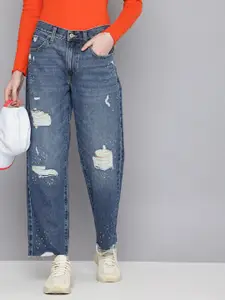 Levis Women 94 Baggy Fit Pure Cotton High-Rise Highly Distressed Light Fade Printed Jeans