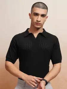 HIGHLANDER Men Textured Relaxed Fit Knitted Polo Collar T-shirt