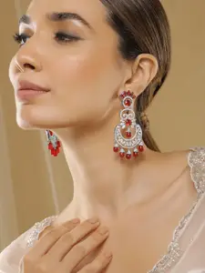 Rubans Rhodium-Plated Ruby & Zirconia Studded Red Beaded Long Chandbali Earrings