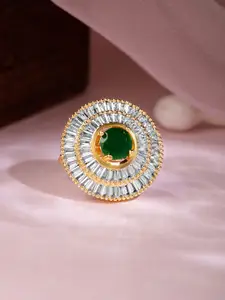 Rubans Premium 22k Gold-Plated Green Emerald and Zirconia Studded Adjustable Finger Ring