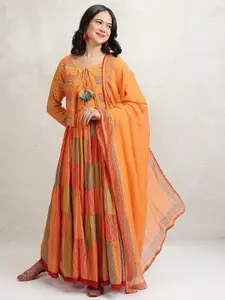 Vishudh Embellished Fit And Flare Maxi Ethnic Dress with Shrugs And Dupatta