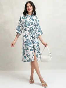 Vishudh Women Floral Print Shirt Collar Flared Sleeve Knee Length Shirt Dress