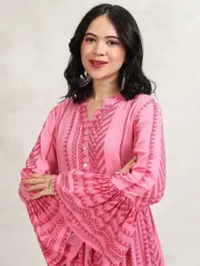 Vishudh Mandarin Collar Printed Bell Sleeve Fit and Flare Dress