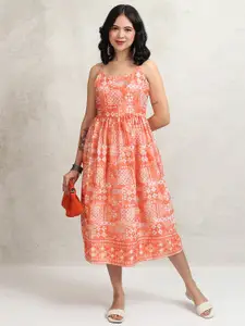 Vishudh Floral Printed Shoulder Straps Fit and Flare Midi Dress