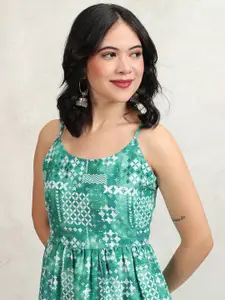 Vishudh Floral Printed Shoulder Straps Fit and Flare Midi Dress