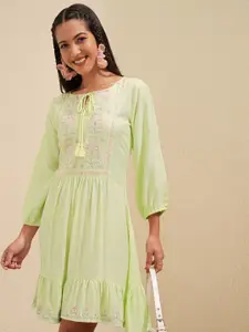 Vishudh Embroidered Tie-Up Neck Puff Sleeve Fit and Flare Dress