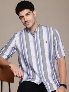 Nautica Pure Cotton Striped Band Collar Roll-Up Sleeves Slim Fit Casual Shirt