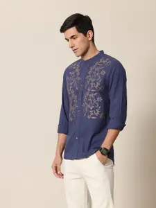 Mr Bowerbird Pure Cotton Floral Embroidered Tailored Fit Opaque Casual Shirt
