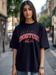 JUNEBERRY Women Typography Printed Pure Cotton   Oversized T-shirt