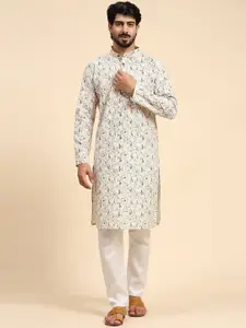 Rawayi Floral Printed Mandarin Collar Thread Work Straight Kurta