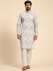 Rawayi Geometric Printed Mandarin Collar Thread Work Straight Kurta