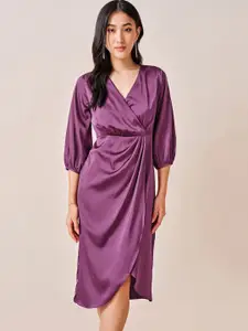AND Women Solid V-Neck Puff Sleeve Wrap Midi Dress
