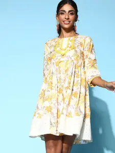 Sangria Women Floral Printed Cotton Schiffli A-Line Dress
