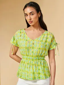 Global Desi Floral Print Extended Sleeves Cinched Waist Top