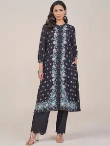 Global Desi Floral Printed Band Collar Straight Kurta