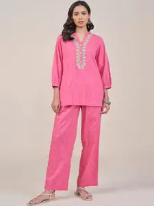 Global Desi Abstract Printed Thread Work Mandarin Collar Pure Cotton Top With Trouser