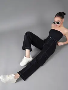 DOLCE CRUDO Wide-Leg High-Rise Regular-Length Stretchable Patch-Pocketed Denim Jeans