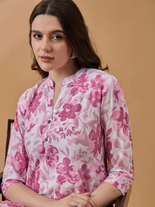 all about you Pink Floral Printed Mandarin Collar Straight Kurta
