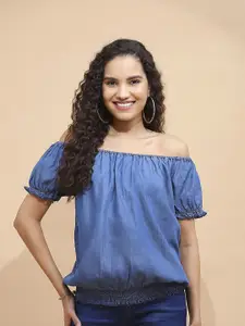 Global Republic Women Off-Shoulder Puff Sleeve Cotton Denim Bardot Top