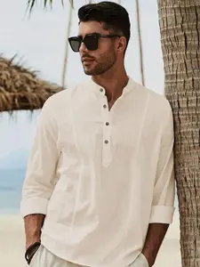 Anouk Cream-Coloured Mandarin Collar Cotton Straight Short Kurta