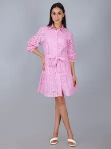 DRIRO Women Embroidered Schiffli Shirt Dress With Belt