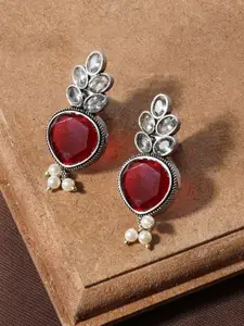 TEEJH Silver Classic Stone Studded & Beaded Whispering Drop Earrings