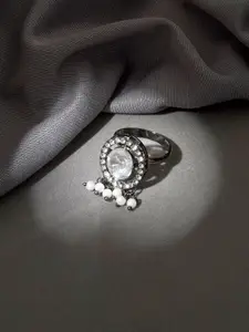TEEJH Falguni Silver Pearl Beaded Oxidised Finger Ring