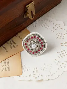 TEEJH Bhavashankari Silver-Plated Stone-Studded Adjustable Oxidised Finger Ring