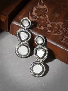 TEEJH Silver-Plated Oxidised Classic Artificial Stones Studded Drop Earrings