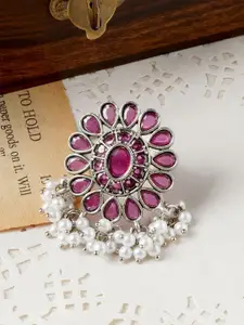 TEEJH Parbati Silver Ruby Stone Studded Oxidised Finger Rings