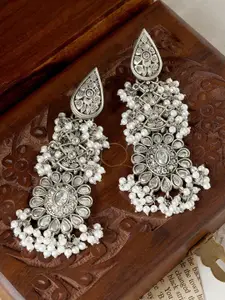 TEEJH Floral Shaped Artificial Beaded Oxidised Drop Earrings