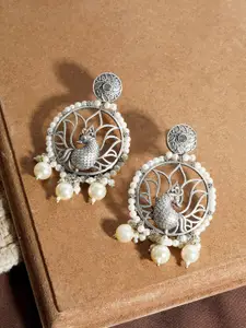 TEEJH Peacock Shaped Artificial Beaded Oxidised Drop Earrings