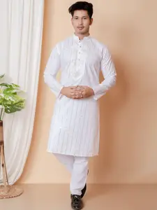 BAESD Striped Embroidered Sequinned Mandarin Collar Regular Kurta with Pyjamas