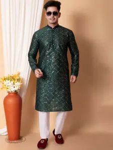 BAESD Geometric Embroidered Mandarin Collar Sequinned Dupion Silk Kurta with Pyjamas