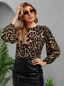 Dream Beauty Fashion Women Animal Print Round Neck Puff Sleevess Top