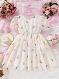 BAESD Girls Print Puff Sleeves Net Fit & Flare Dress