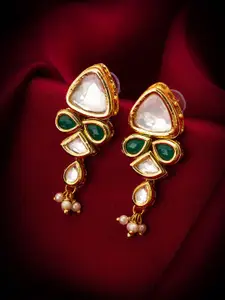 aadita Gold-Plated Kundan-Studded & Pearl-Beaded Contemporary Drop Earrings