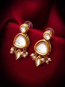 aadita Gold-Plated Kundan-Studded & Pearl-Beaded Contemporary Drop Earrings