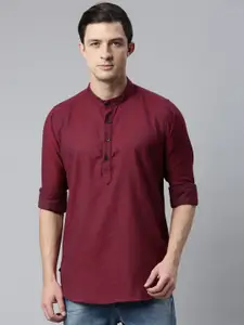 Cross Court Geometric Woven Design Mandarin Collar Cotton Short Straight Kurta