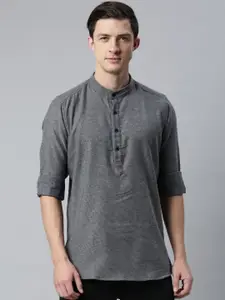 Cross Court Geometric Woven Design Mandarin Collar Cotton Short Straight Kurta