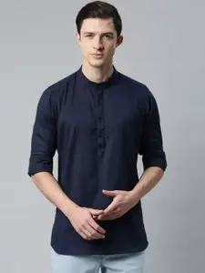 Cross Court Geometric Woven Design Mandarin Collar Cotton Short Straight Kurta